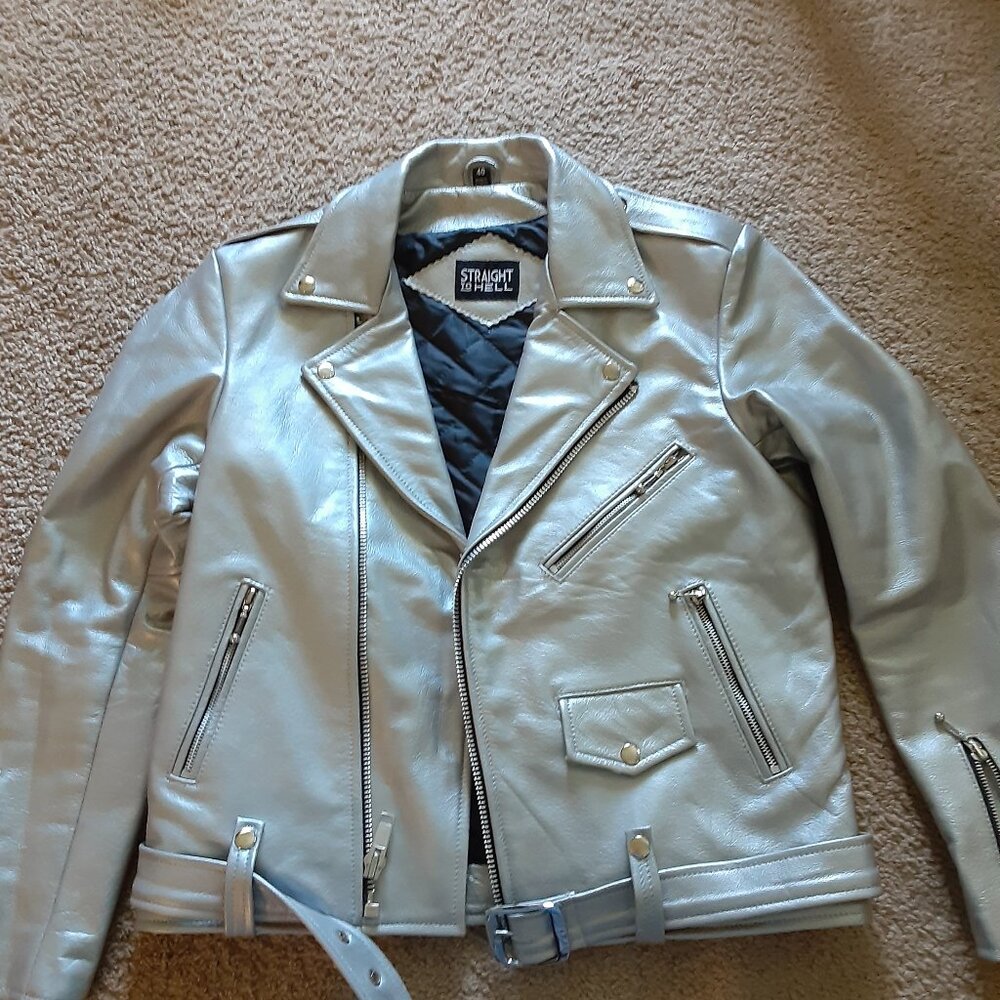 Mens Straight to Hell commando Punk Leather jacket silver size 40